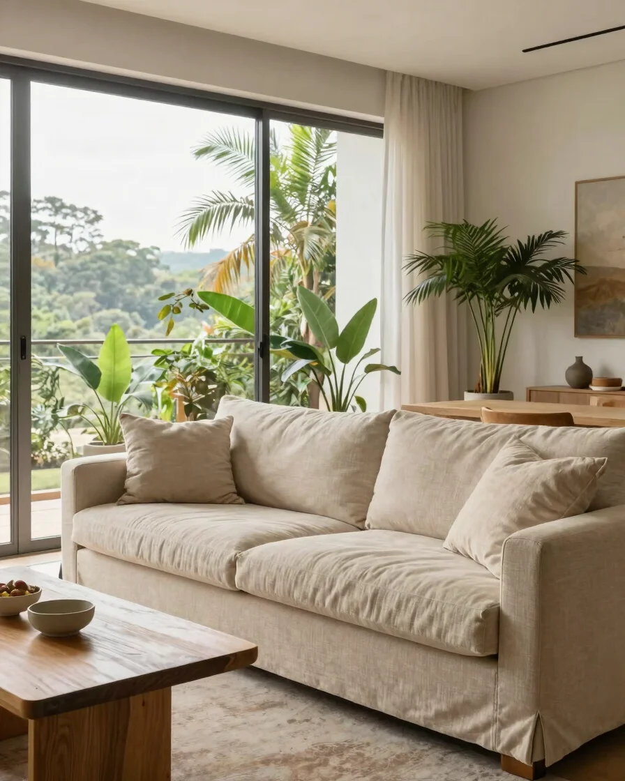 Interior residencial brasileiro claro, sofá de linho bege e mesa