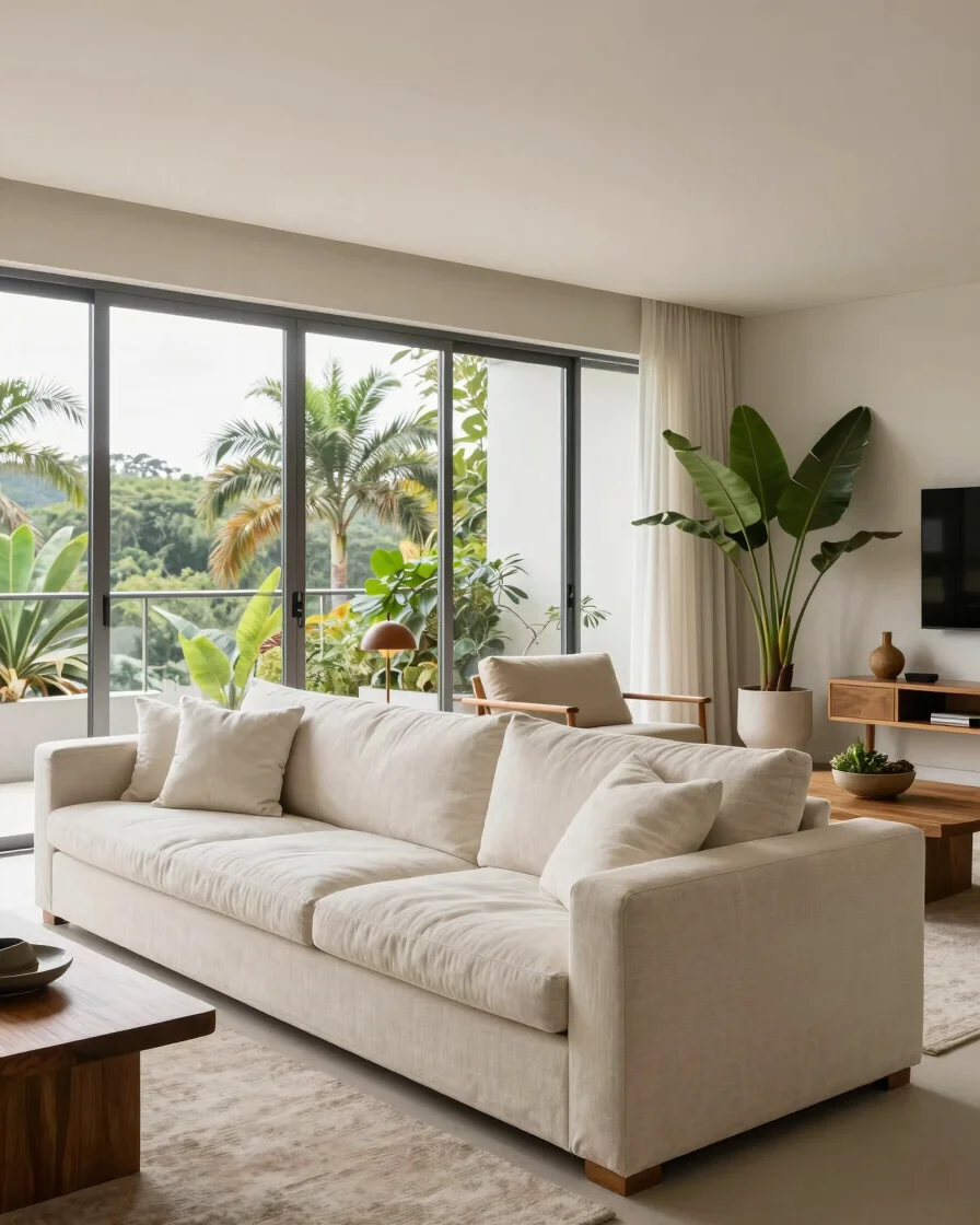 Interior residencial brasileiro contemporâneo com sofá de linho c